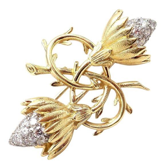 Authentic! Tiffany & Co Schlumberger 18k Yellow Gold Platinum Diamond Pin Brooch - Picture 8 of 14